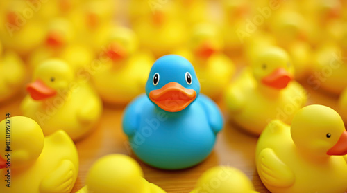 Unique Blue Rubber Duck Standing Out in a Sea of Yellow Ducks - Symbolizing Individuality, Leadership, and Diversity
