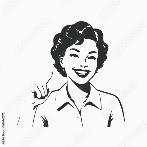 A black and white illustration of a smiling woman with short wavy hair, 