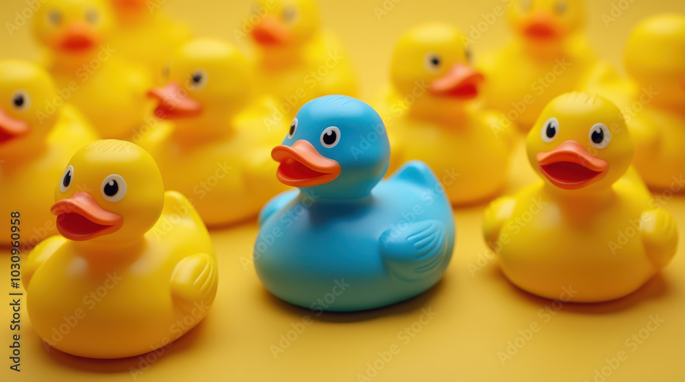 Unique Blue Rubber Duck Standing Out in a Sea of Yellow Ducks - Symbolizing Individuality, Leadership, and Diversity Unique Blue Rubber Duck Standing Out in a Sea of Yellow Ducks - Symbolizing Individuality, Leadership, and Diversity