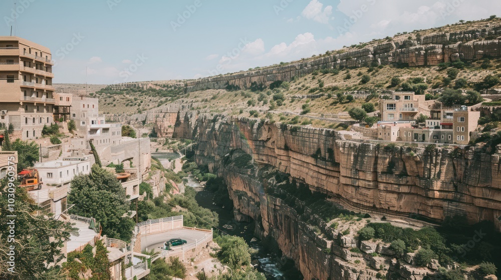 Fototapeta premium Buildings Perched on Cliffs Overlooking a Winding River Gorge