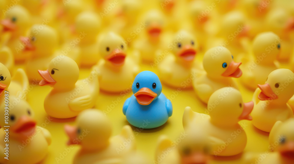 Unique Blue Rubber Duck Standing Out in a Sea of Yellow Ducks - Symbolizing Individuality, Leadership, and Diversity Unique Blue Rubber Duck Standing Out in a Sea of Yellow Ducks - Symbolizing Individuality, Leadership, and Diversity