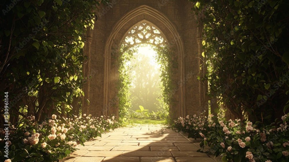 Enchanting Gothic Archway in Lush Cloister Garden - Ultra-Detailed 3D Render Illustration Enchanting Gothic Archway in Lush Cloister Garden - Ultra-Detailed 3D Render Illustration