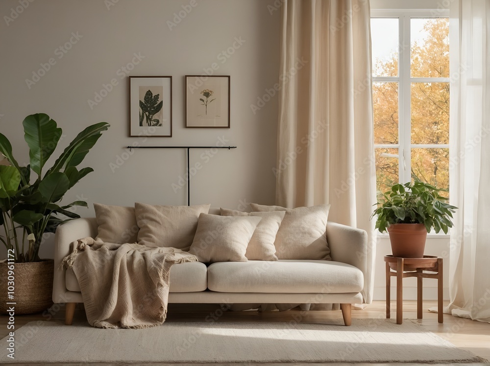 Fototapeta premium Warm sunlight brightens a minimalist living room with neutral tones.**