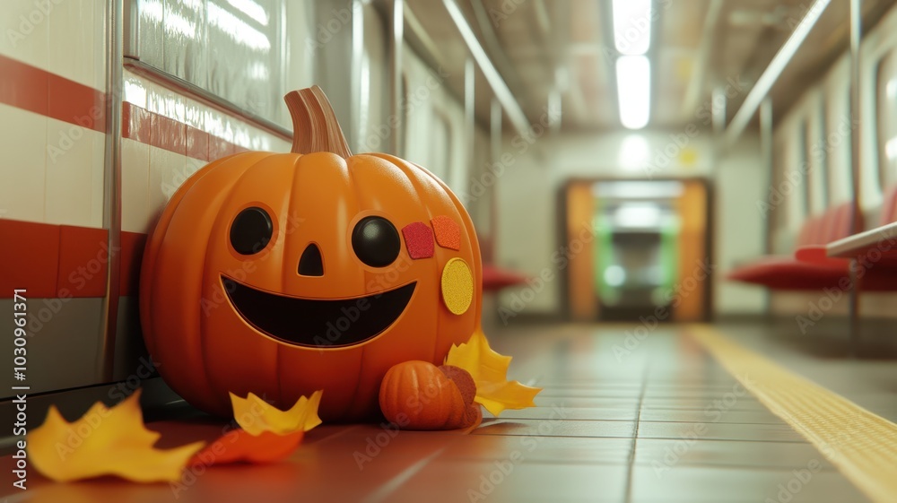 Halloween pumpkins on the walkway with train station background decoration. Halloween pumpkins on the walkway with train station background decoration.