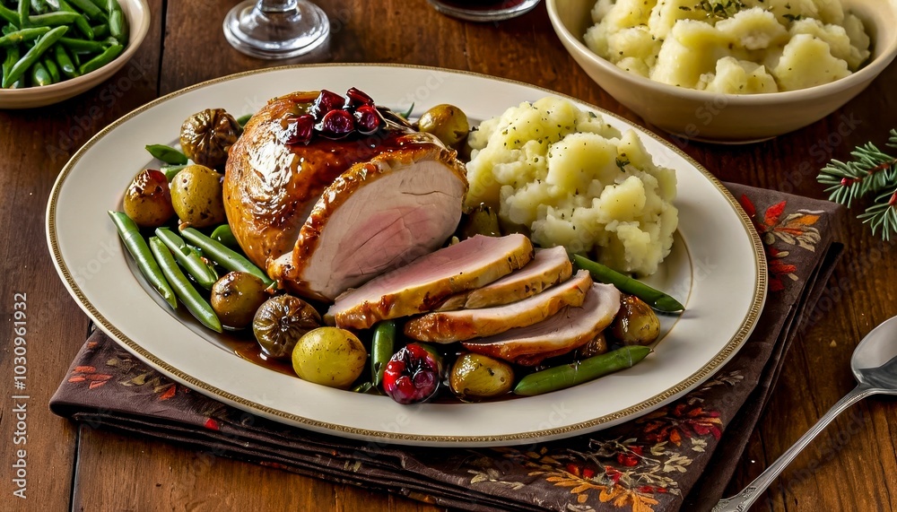 Delicious Roast Turkey With Herbs, Green Beans, and Mashed Potatoes Served on a Festive Dining Table Delicious Roast Turkey With Herbs, Green Beans, and Mashed Potatoes Served on a Festive Dining Table