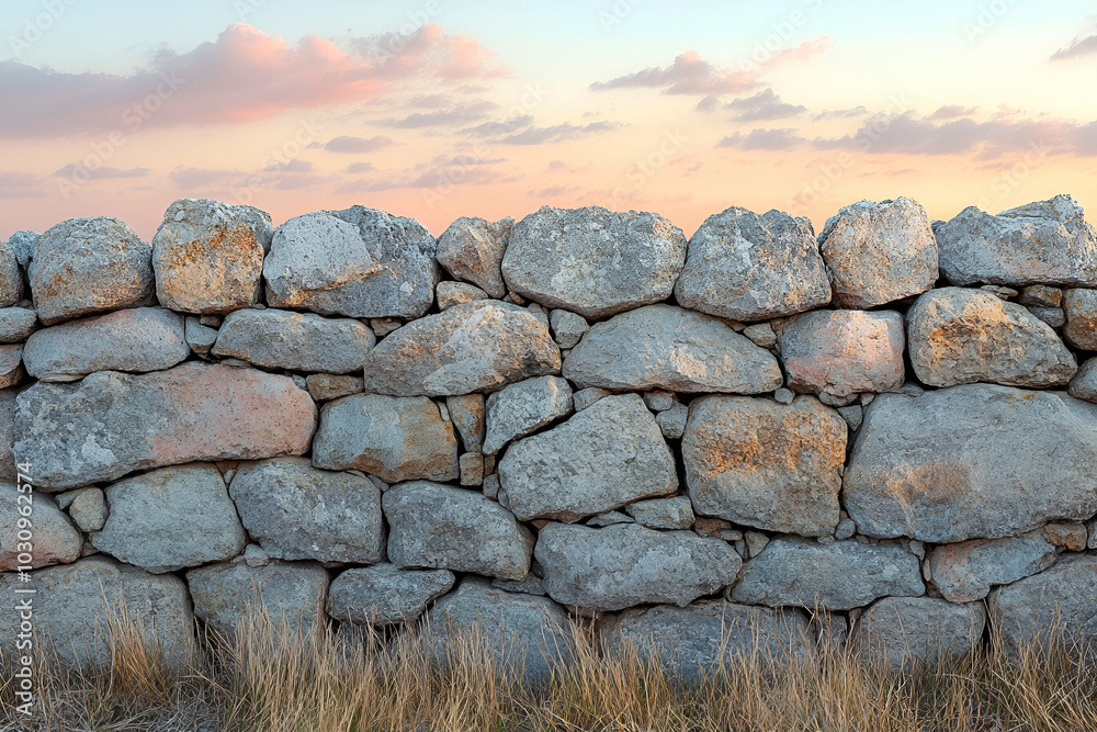 A rustic stone wall against a colorful sunset sky, blending natural textures and earthy tones in a serene landscape. A rustic stone wall against a colorful sunset sky, blending natural textures and earthy tones in a serene landscape.
