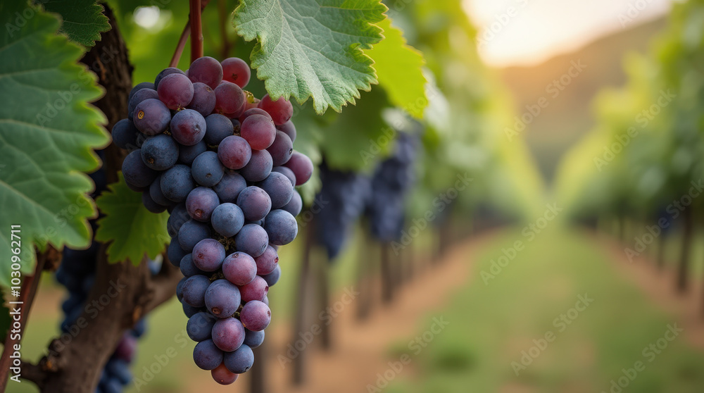 Obraz premium Fresh Purple Grapes on Vibrant Green Background and Wine Grapes in Vineyard for Healthy Living and Agricultural Concepts