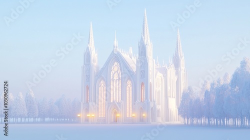 Tranquil Winter Scene of Gothic Architecture Church Illuminated by Soft Glowing Lights - Ultra-Detailed 3D Render Illustration