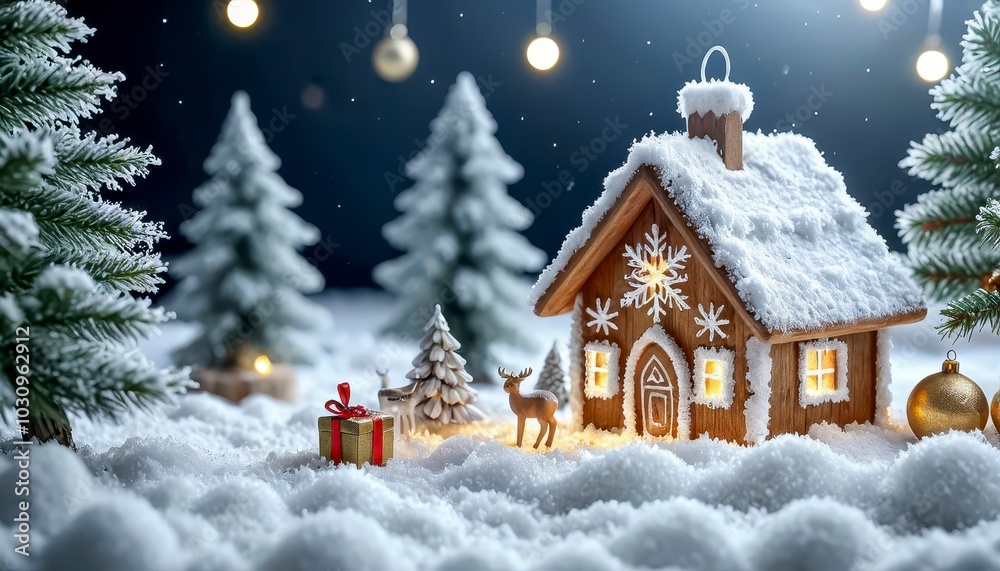 A Festive Winter Wonderland Display With a Snow-Covered Cottage and Holiday Decorations at Night A Festive Winter Wonderland Display With a Snow-Covered Cottage and Holiday Decorations at Night