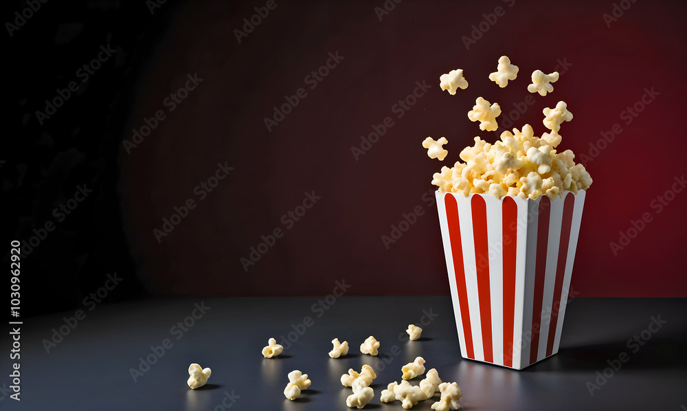 Overflowing Popcorn in a Red and White Container Against a Dark Background Overflowing Popcorn in a Red and White Container Against a Dark Background