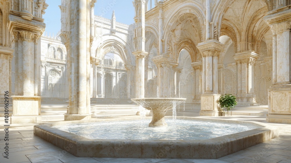 Obraz premium Majestic Gothic Architecture Design of a Fountain Adorning a City Square with Intricate Stonework and Cascading Water in Historic Setting