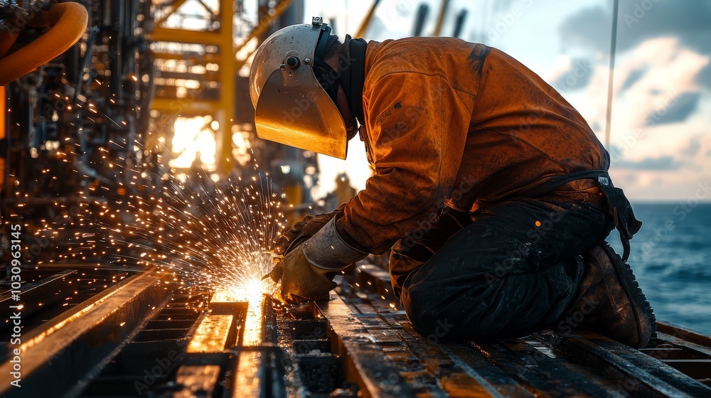 Male laborer welding on an offshore oil rig during sunset, surrounded by sparks. Male laborer welding on an offshore oil rig during sunset, surrounded by sparks.