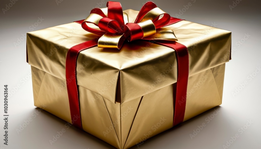 Fototapeta premium A Beautifully Wrapped Gold Gift Box With a Red Ribbon Displayed Elegantly for Special Occasions