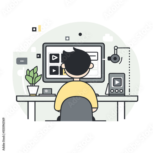 Modern illustration of a person working comfortably at a computer desk
