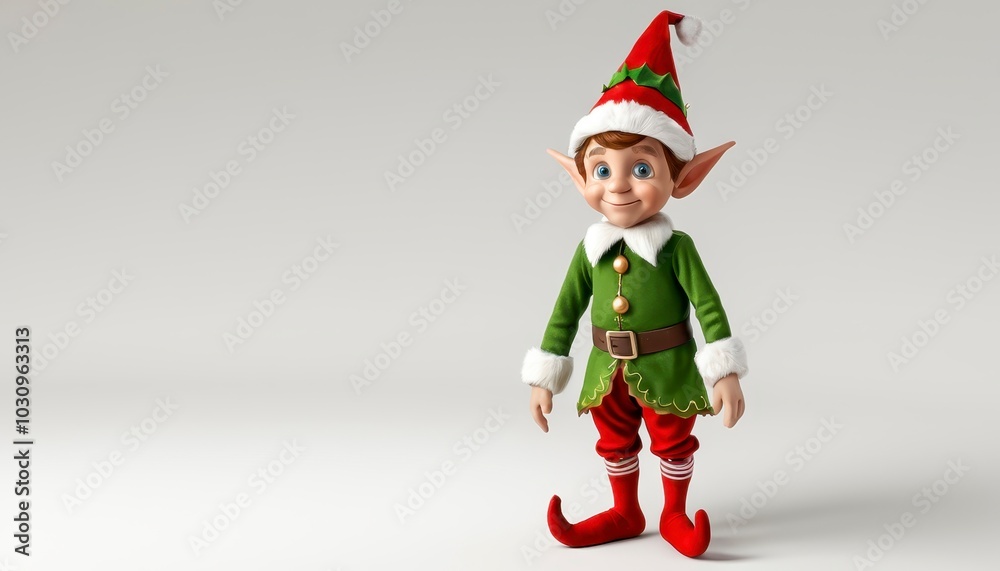 Cheerful Elf Character in Vibrant Holiday Attire Standing on a Neutral Background Cheerful Elf Character in Vibrant Holiday Attire Standing on a Neutral Background