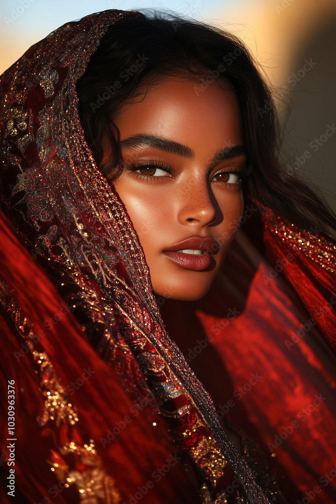 Woman framed by red shawl, shimmering details reflect light, intense gaze. Woman framed by red shawl, shimmering details reflect light, intense gaze.