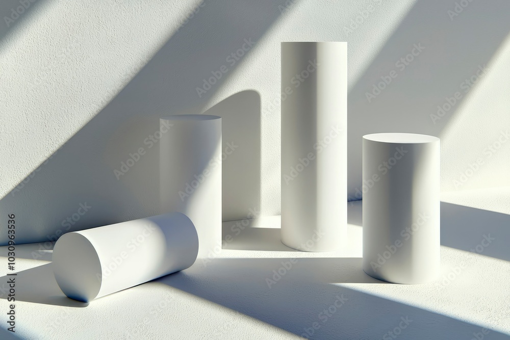 White Cylindrical Forms with Light and Shadow on White Wall White Cylindrical Forms with Light and Shadow on White Wall