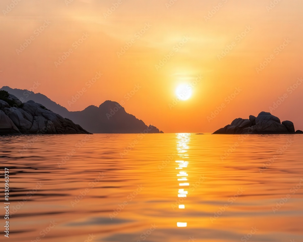 A serene sunset over calm waters, reflecting warm colors, with mountains framing the scene, creating a tranquil atmosphere. A serene sunset over calm waters, reflecting warm colors, with mountains framing the scene, creating a tranquil atmosphere.