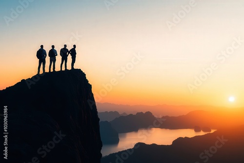 Four hikers stand on a rocky peak against a stunning sunset, overlooking a scenic landscape, capturing a moment of adventure and camaraderie.