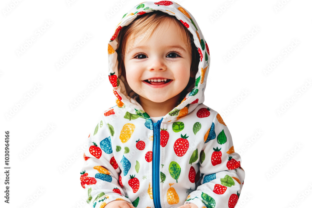 A cheerful child wearing a colorful fruit-patterned hoodie, smiling brightly against a white background. A cheerful child wearing a colorful fruit-patterned hoodie, smiling brightly against a white background.