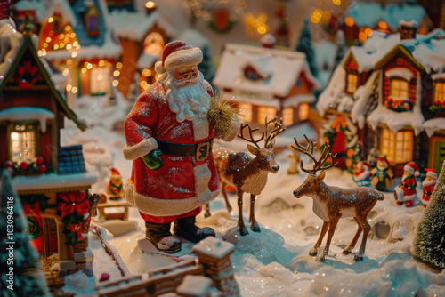 Santa Claus and reindeer in a magical toy village, colorful houses and Christmas decorations, toy figures with detailed craftsmanship