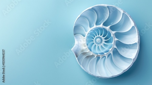 Nautilus shell in closeup, showcasing its intricate spiral pattern. The shell's geometric design is a stunning example of nature's artistry.