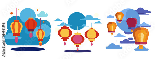 Set of chinese paper lanterns floating in the night sky in front of a full moon, celebrating a traditional asian festivity. Asian collection culture element or traditional symbol of asia