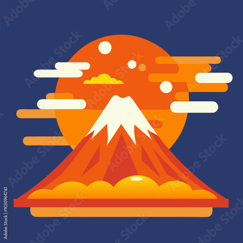 Minimalist vector illustration featuring mount fuji in front of a setting sun. Asian culture element or traditional symbol of asia