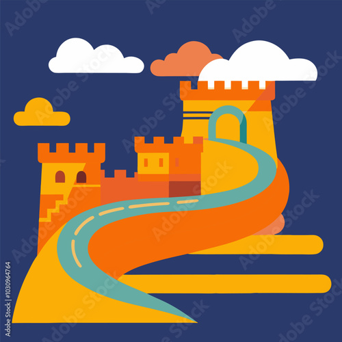 Vector illustration in flat design style representing the great wall of china at sunset. Asian culture element or traditional symbol of asia