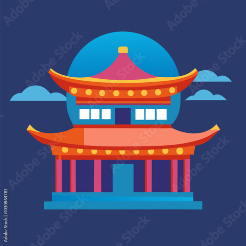 Traditional asian temple at night with the full moon shining in a cloudy sky, an illustration about asian culture and architecture. Asian culture element or traditional symbol of asia