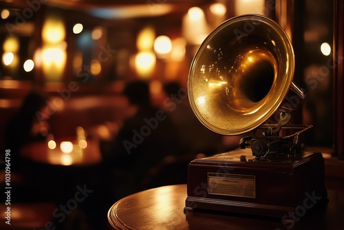 Vintage gramophone in a cozy, dimly lit bar setting. photo