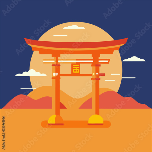 Illustration featuring a traditional japanese torii gate standing in front of mountains at sunset, a symbol of asian culture. Asian culture element or traditional symbol of asia