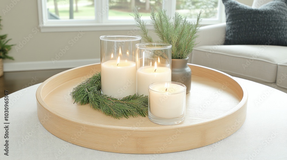 A serene display featuring white candles wrapped in greenery on a wooden plate, with glass vases holding pine leaves set against a bright background for a fresh and elegant look A serene display featuring white candles wrapped in greenery on a wooden plate, with glass vases holding pine leaves set against a bright background for a fresh and elegant look