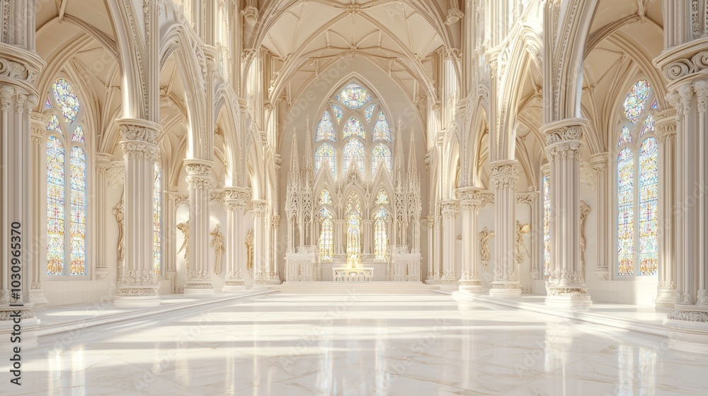 Intricate Gothic Architecture 3D Render of Serene Chapel Interior with Ornate Wood Carvings and Stained Glass Windows in Soft Light Glow Intricate Gothic Architecture 3D Render of Serene Chapel Interior with Ornate Wood Carvings and Stained Glass Windows in Soft Light Glow