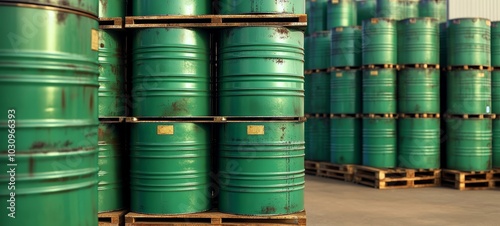 Close-up of stacked green barrels in a warehouse setting, showcasing industrial storage.