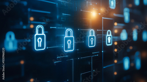 Abstract digital background featuring multiple glowing locks representing cybersecurity and data protection technology.