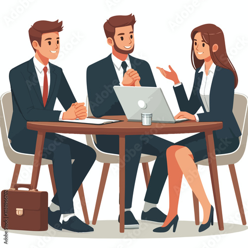 Partners meeting for business discussion with documents and laptop on desk. Couple at round table, speaking, discussing work, partnership. Flat vector illustration isolated on white background 