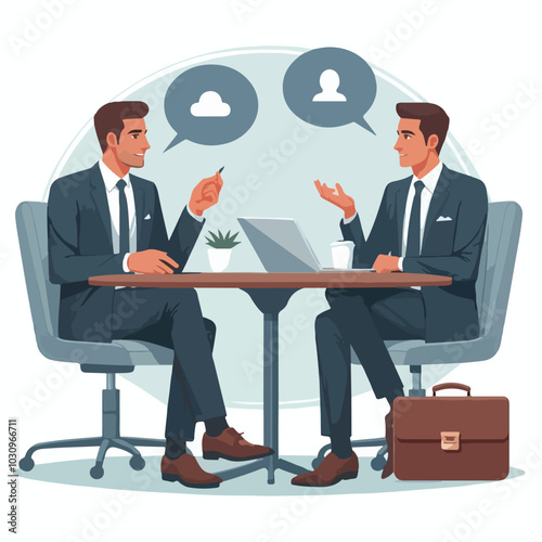 Partners meeting for business discussion with documents and laptop on desk. Couple at round table, speaking, discussing work, partnership. Flat vector illustration isolated on white background
