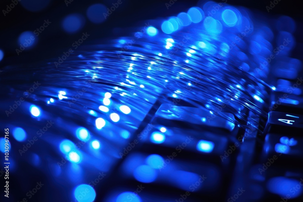 Fiber Optic Internet - Fast, High-Speed Cyberspace Connection with Blue Keyboard Background Fiber Optic Internet - Fast, High-Speed Cyberspace Connection with Blue Keyboard Background