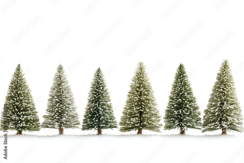 Obraz premium PNG cut out isolated background. A row of seven evergreen pine trees lightly covered in snow, standing tall against a pure white background. 