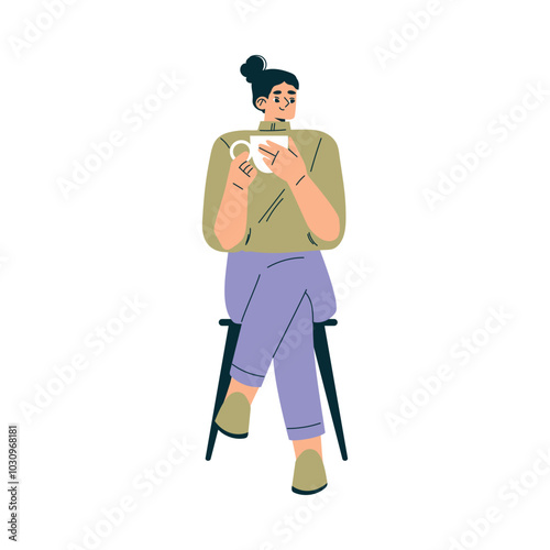 Woman Character in Cafe Sitting on Chair with Cup Vector Illustration