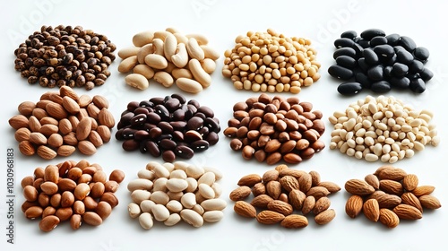 Assortment of Beans and Almonds on White Background