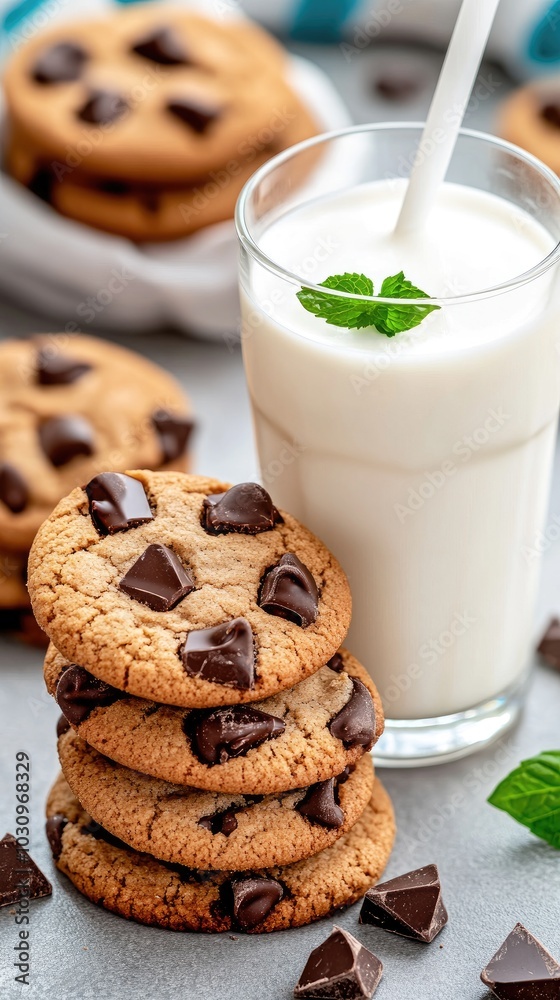 A delicious arrangement of freshly baked chocolate chip cookies lies next to a glass mug as creamy milk is poured into it, creating a classic comfort food pairing A delicious arrangement of freshly baked chocolate chip cookies lies next to a glass mug as creamy milk is poured into it, creating a classic comfort food pairing