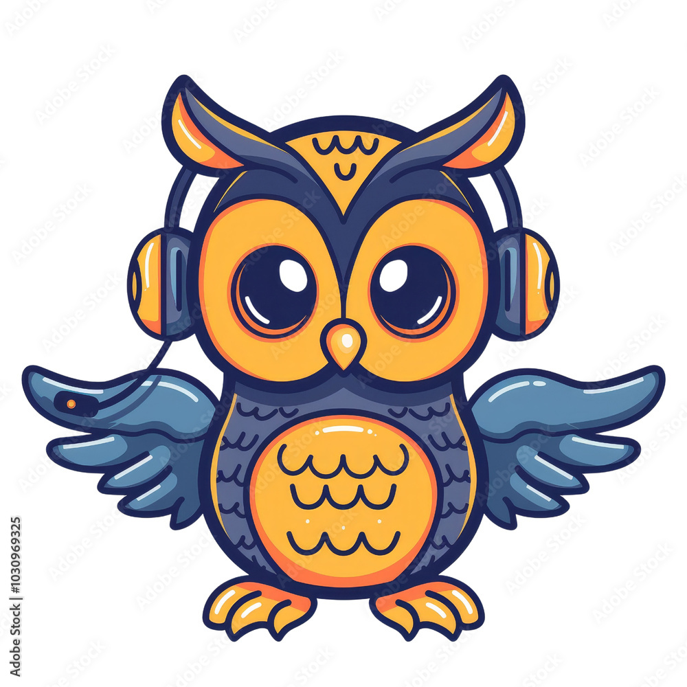 Naklejka premium Stylized owl with headphones, isolated on white background, transparent background
