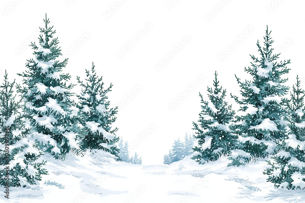 Obraz premium A serene, snowy winter forest landscape featuring tall evergreen pine trees covered in fresh snow. The scene has a calm and peaceful atmosphere, ideal as a seasonal background or holiday card backdrop