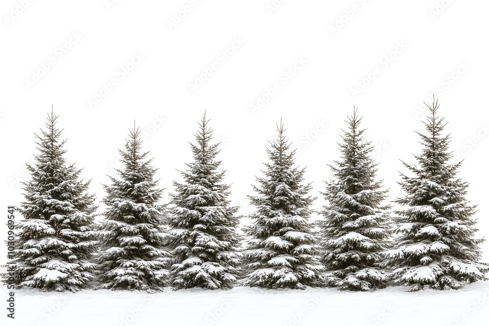 A serene row of evergreen trees blanketed in fresh snow, set against a clean white background. A serene row of evergreen trees blanketed in fresh snow, set against a clean white background.