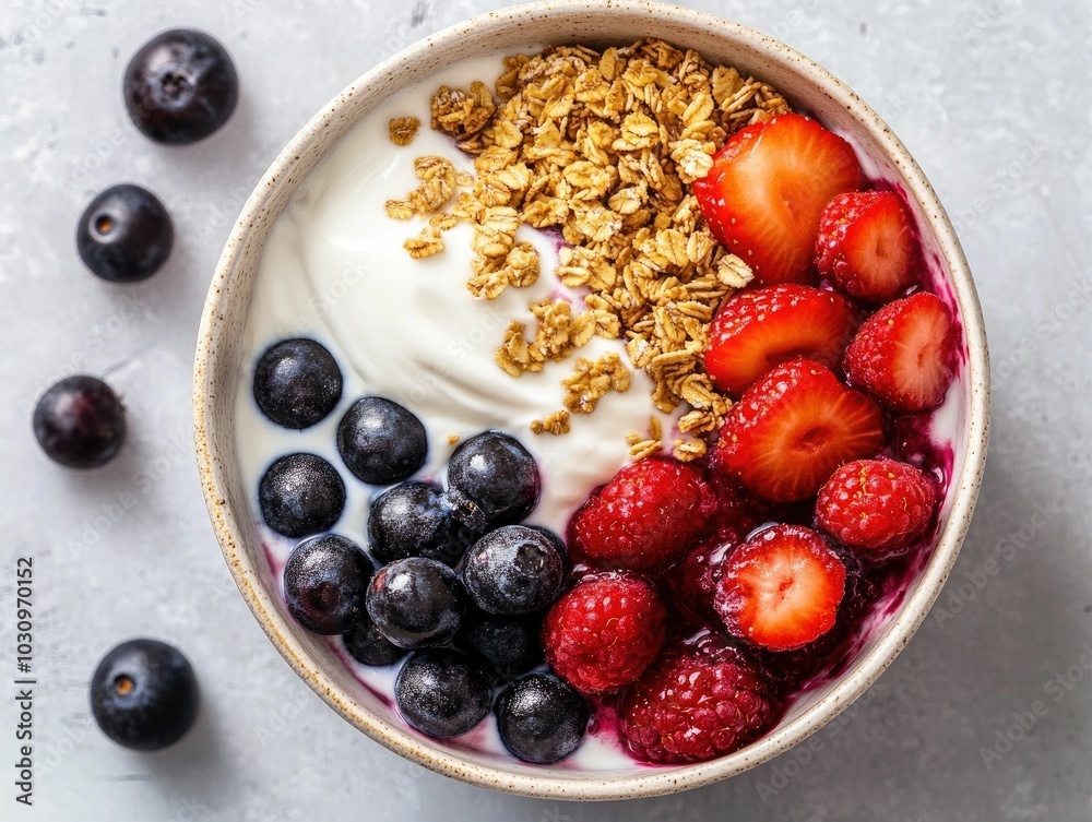 Flat lay of a colorful breakfast bowl with fresh berries, yogurt, and granola Flat lay of a colorful breakfast bowl with fresh berries, yogurt, and granola