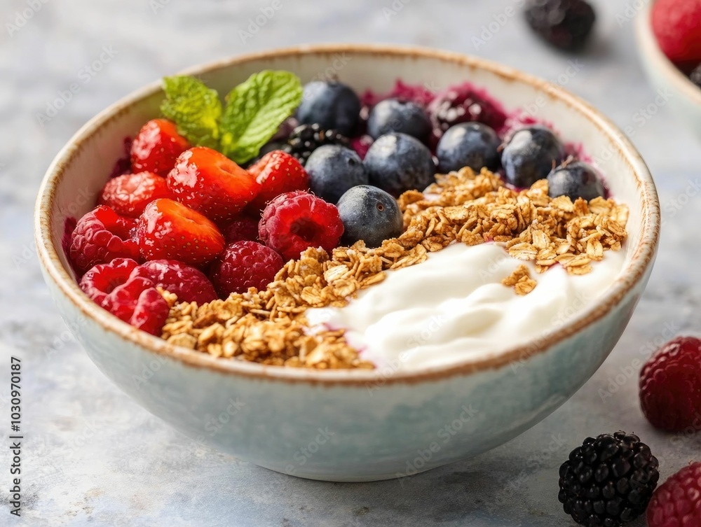 Flat lay of a colorful breakfast bowl with fresh berries, yogurt, and granola Flat lay of a colorful breakfast bowl with fresh berries, yogurt, and granola
