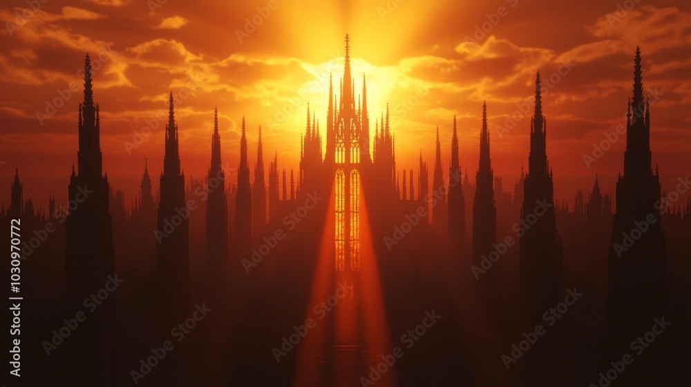 Obraz premium Majestic Gothic Church with Dramatic Sunset Light - 3D Render Illustration