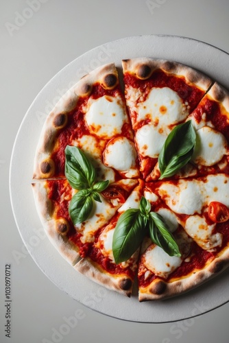 Aerial perspective of a traditional pizza.